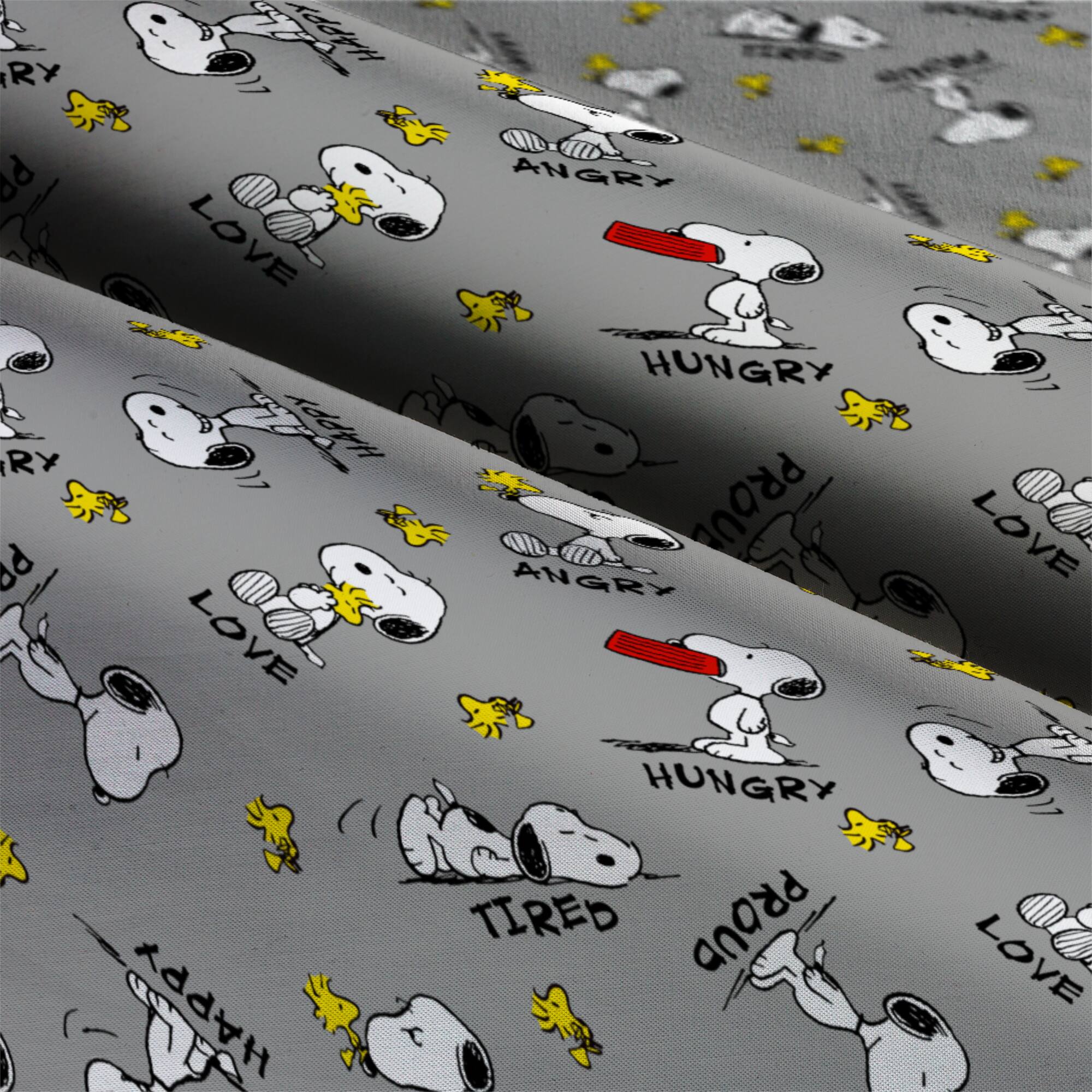 Peanuts® Snoopy & Woodstock Feelings on Gray Cotton Fabric